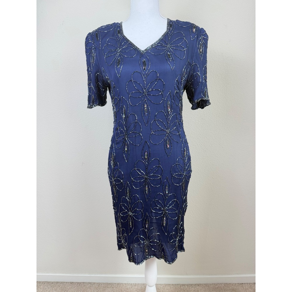 VTG JMC Women 100% Silk Sheath Dress PL Blue Beaded Sequin Floral Party Cocktail